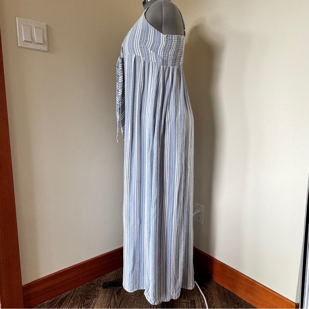 Salty Lemon Blue White Striped Maxi Dress Tie Front Beach Boho Size L - Picture 2 of 16